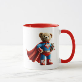 Taza Un ours super-héros tenant une peluche.