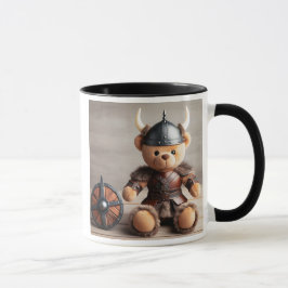 Taza Un ours viking en peluche avec casque et bouclier.