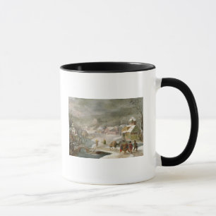 Taza Un paisaje del invierno con los viajeros en una