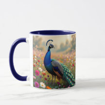 Un pavo real turquesa y azul entre flores