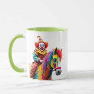 Taza Un payaso monta un caballo arcoíris.