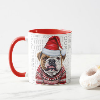 Taza Un Santa Bulldog en un suéter sobre fondo de mader