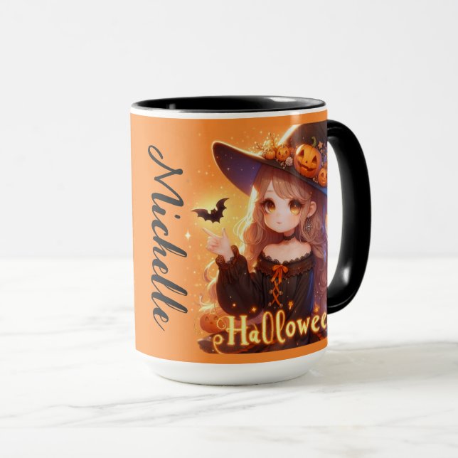 Taza Una aguda bruja animada con murciélagos personaliz (Anverso derecho)
