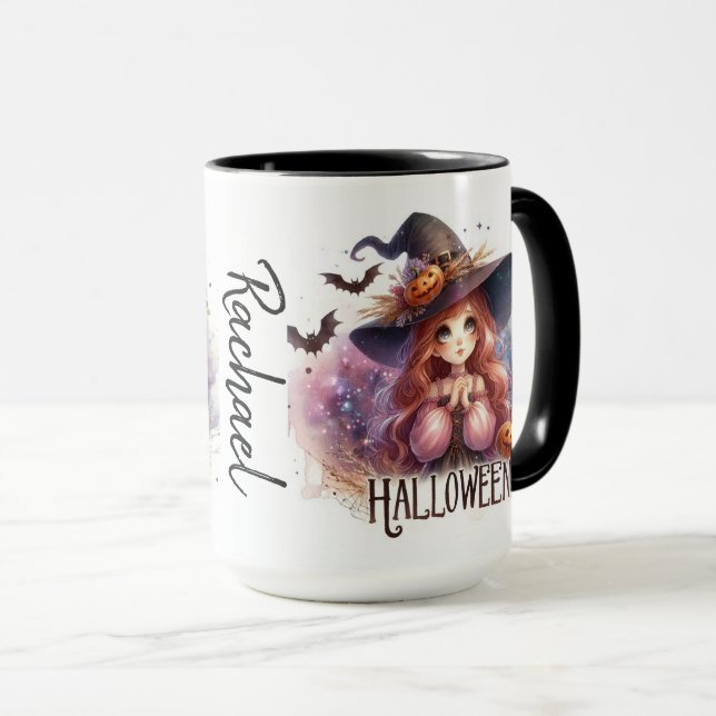 Taza Una aguda bruja animada con murciélagos personaliz (Anverso derecho)