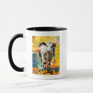 Taza Una vaca patinando contra un fondo de pintura