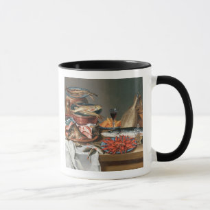 Taza Una vida inmóvil de las langostas de un pescado,
