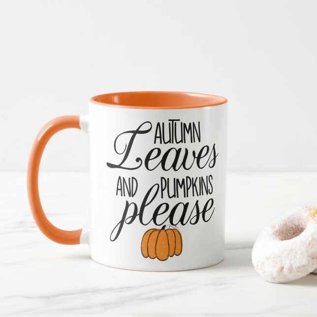 Taza Unas Cutas Hojas Y Calabazas De Otoño, Por Favor,  (Con donut)