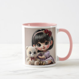 Taza Une adorable petite fille et son ourson en peluche