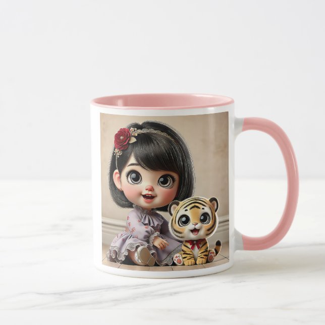 Taza Une adorable petite fille et son tigre en peluche. (Derecha)