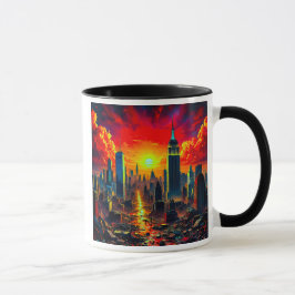 Taza Une cité futuriste sous un ciel en enflammé.