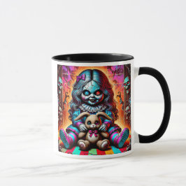 Taza Une poupée maléfique et son lapin en peluche.