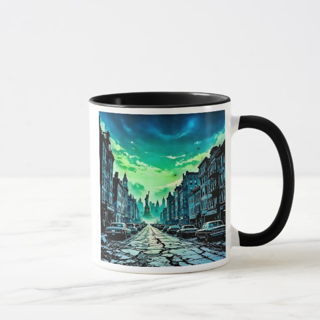 Taza Une rue urbaine sous un ciel menaçant. (Derecha)