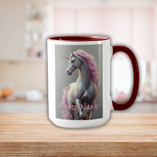 Taza Unicornio blanco personalizado con maná rosa