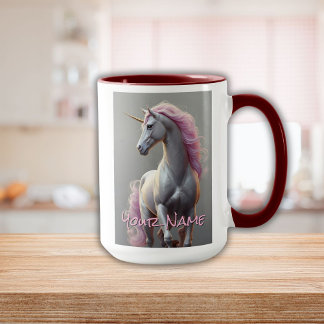 Taza Unicornio blanco personalizado con maná rosa