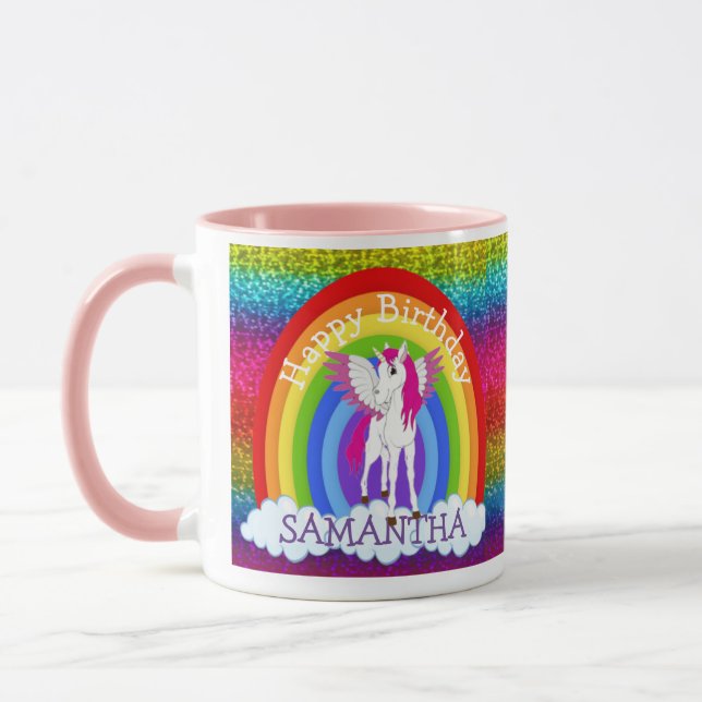 Taza unicornio cute feliz cumpleaños Purpurina arcoiris (Izquierda)