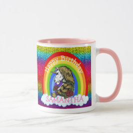Taza unicornio cute feliz cumpleaños Purpurina arcoiris
