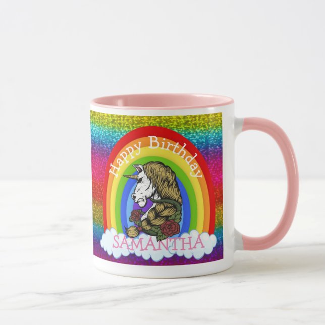Taza unicornio cute feliz cumpleaños Purpurina arcoiris (Derecha)