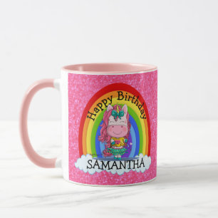 Taza Unicornio cute feliz cumpleaños Purpurina rosa