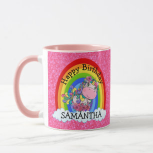 Taza Unicornio cute feliz cumpleaños Purpurina rosa