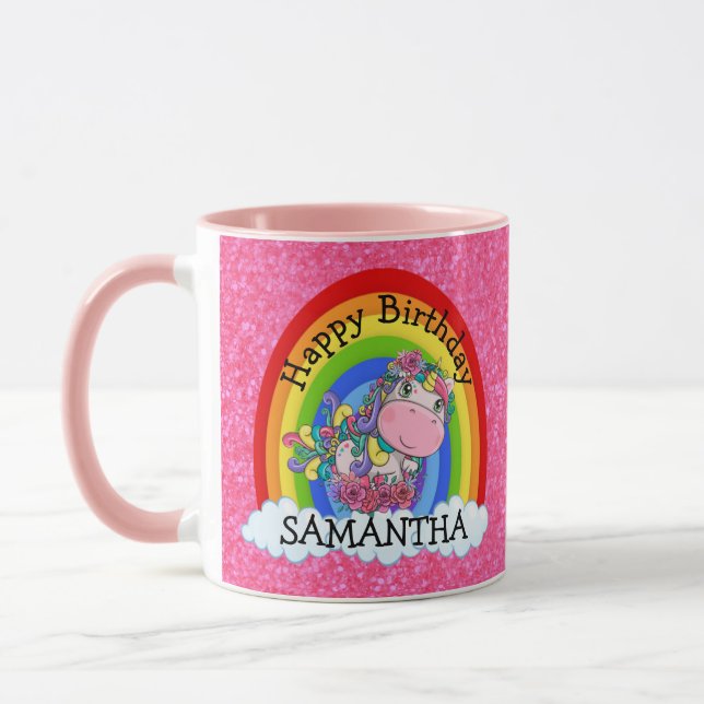 Taza Unicornio cute feliz cumpleaños Purpurina rosa (Izquierda)