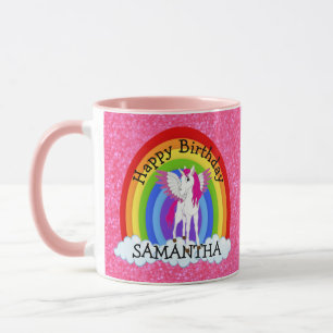 Taza Unicornio cute feliz cumpleaños Purpurina rosa