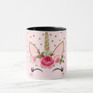 Taza Unicornio Floral Rosa y Purpurina Dorada de Moda