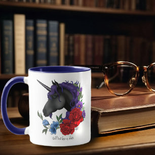 Taza Unicornio Negro Flores del Jardín Púrpura de Media