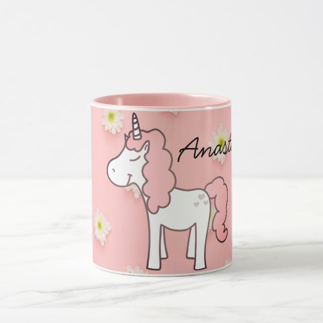 Taza Unicornio rosa dulce, flores y tu nombre (Centro)
