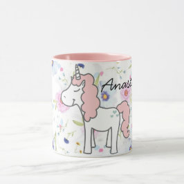 Taza Unicornio rosa dulce, flores y tu nombre
