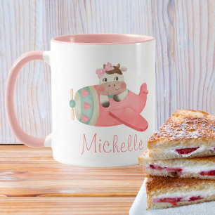 Taza Vaca adorable en acuarela en avión rojo, personali