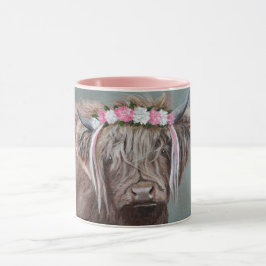 Taza Vaca de las Tierras Altas con Corona Rosa y Blanca