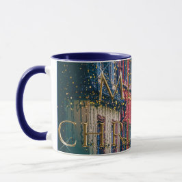 Taza Vacaciones clásicas de Snowy Blue City Scene Navid