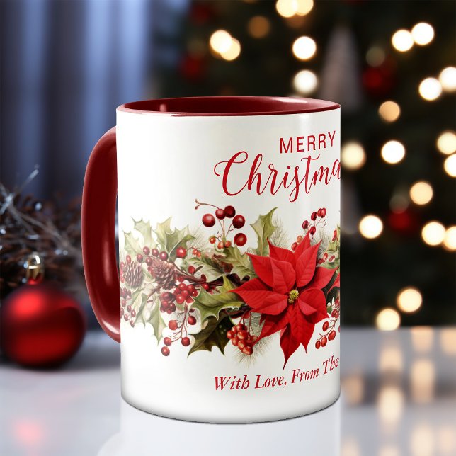 Taza Vacaciones de Navidades de flores rojas de Poinset (Red Poinsettia Flowers Wreath Christmas Holiday Mug)