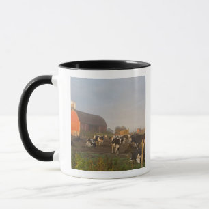 Taza vacas lecheras Holstein fuera de un granero al ama