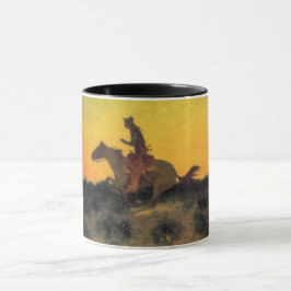 Taza Valiente jinete de caballos contra el atardecer