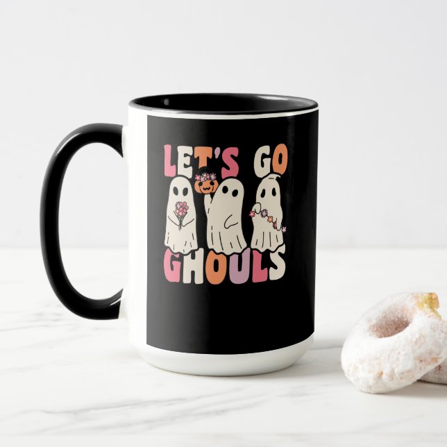 Taza Vamos Ghouls Groovy Fantasma con flores de época (Con donut)