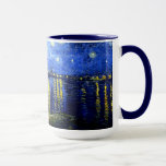 Taza Van Gogh - Noche estrellada sobre el Ródano<br><div class="desc">Van Gogh - Noche estrellada sobre la taza de café del Ródano con guarnecido azul marino.</div>