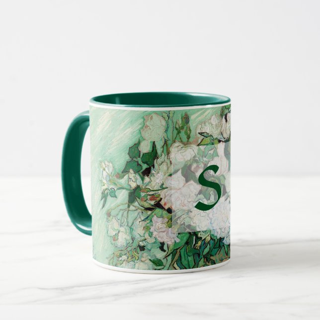 Taza Van Gogh Vase con rosas rosadas Monograma de arte  (Anverso izquierdo)
