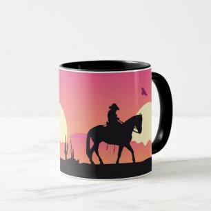Taza Vaquero, caballo y el desierto rosa de la puesta d