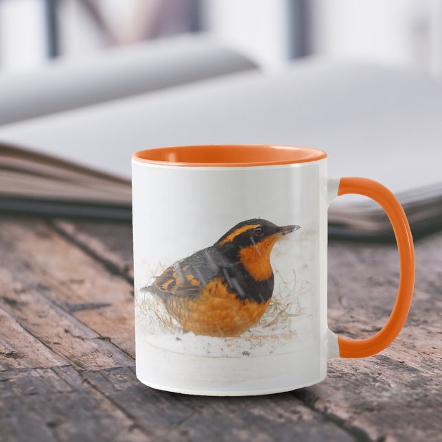 Taza Variado Thrush Songbird en el día de invierno neva (Varied Thrush on a Snowy Winter Day 11 oz Coffee Mug Cover Photo.)