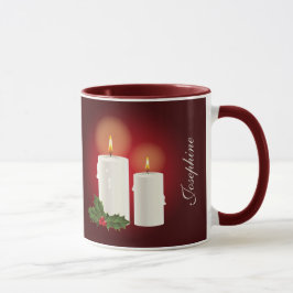 Taza Velas Blancas De Navidades En Rojo Con Texto Perso