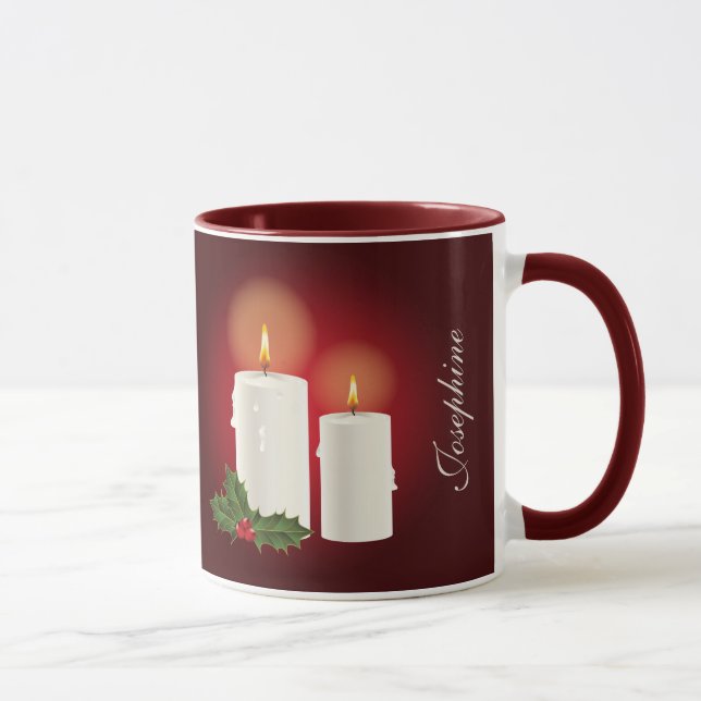 Taza Velas Blancas De Navidades En Rojo Con Texto Perso (Derecha)