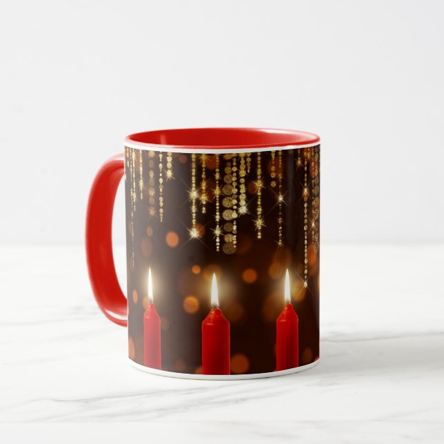 Taza Velas rojas de vacaciones, brillo y brillo, (Anverso izquierdo)