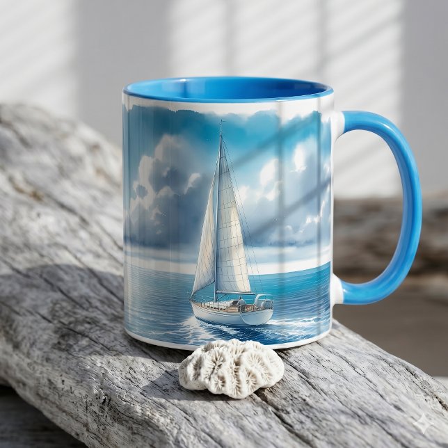 Taza Velero Solitario Blue Horizon (Blue Horizon Solitary Sailboat Mug B)