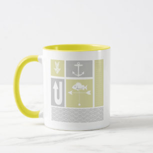 Taza Veleta de pez ancla gris y amarillo náutico