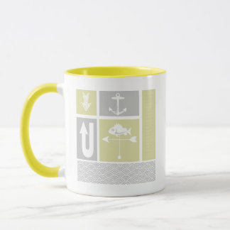 Taza Veleta de pez ancla gris y amarillo náutico