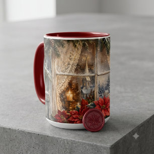 Taza Ventana de Navidad con Poinsettia Nevada