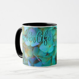 Taza Verde azulado azul amarillo rosa hidrángulos flore