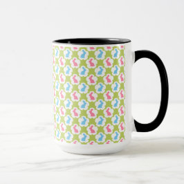 TAZA VERDE CON BUNNES ROJOS Y AZULES DE ORIENTE