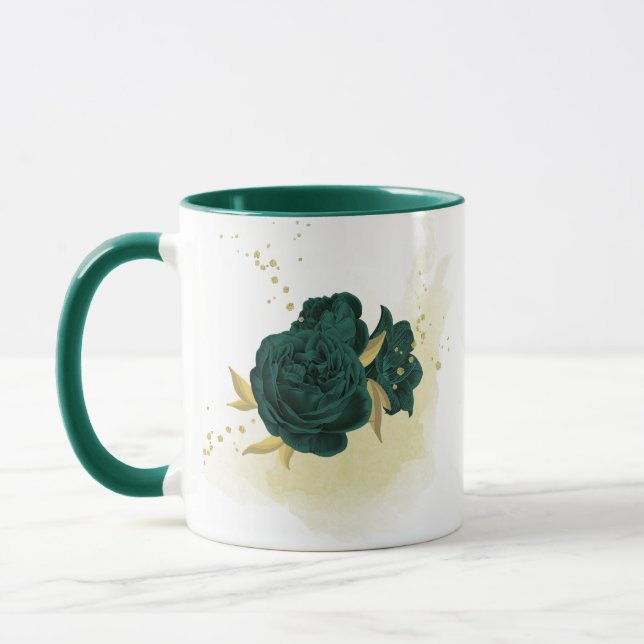 Taza verde esmeralda floral oro (Izquierda)